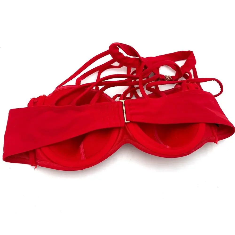 Adore Me Women's Red Strappy Halter Padded Underwire Swim Bikini Top Size 40C